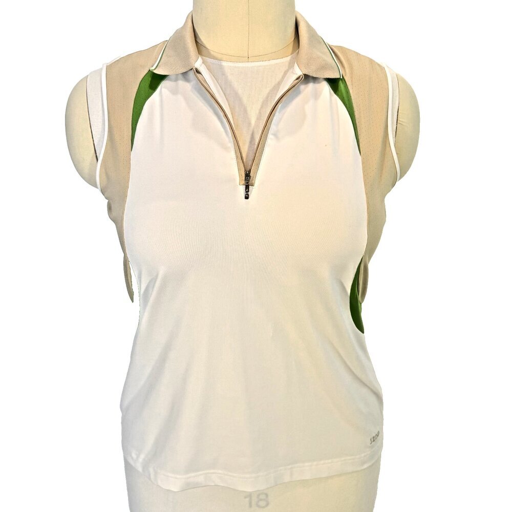 IZOD XFG Polo Tank Top Women's XL White Beige Green 1/4 Zip Collar Stretch